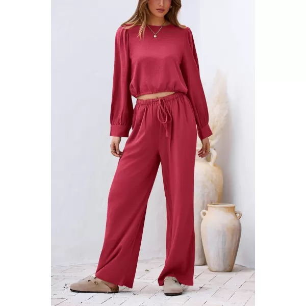 imagePRETTYGARDEN Womens 2023 Fall Two Piece Outfits Long Sleeve Crop Tops Wide Leg Pants Pockets Casual Linen Tracksuits SetsRed