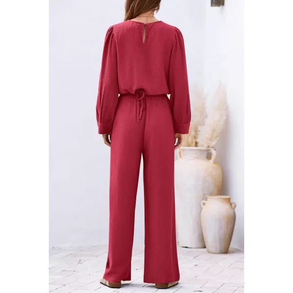 imagePRETTYGARDEN Womens 2023 Fall Two Piece Outfits Long Sleeve Crop Tops Wide Leg Pants Pockets Casual Linen Tracksuits SetsRed