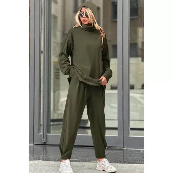 imagePRETTYGARDEN Womens 2023 Fall Two Piece Outfits Long Sleeve Tracksuit Set Turtleneck Pullover Tops Casual Pants SweatsuitsArmy Green