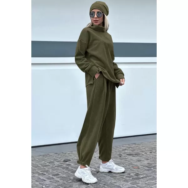 imagePRETTYGARDEN Womens 2023 Fall Two Piece Outfits Long Sleeve Tracksuit Set Turtleneck Pullover Tops Casual Pants SweatsuitsArmy Green