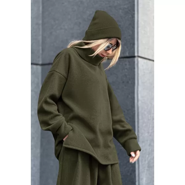imagePRETTYGARDEN Womens 2023 Fall Two Piece Outfits Long Sleeve Tracksuit Set Turtleneck Pullover Tops Casual Pants SweatsuitsArmy Green