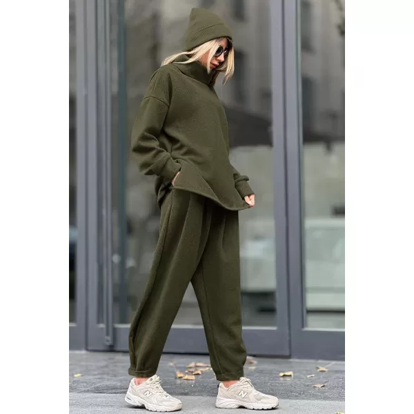imagePRETTYGARDEN Womens 2023 Fall Two Piece Outfits Long Sleeve Tracksuit Set Turtleneck Pullover Tops Casual Pants SweatsuitsArmy Green