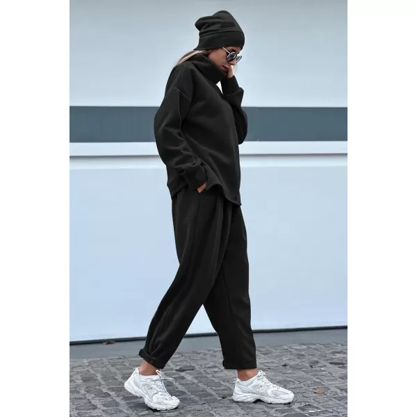 imagePRETTYGARDEN Womens 2023 Fall Two Piece Outfits Long Sleeve Tracksuit Set Turtleneck Pullover Tops Casual Pants SweatsuitsBlack