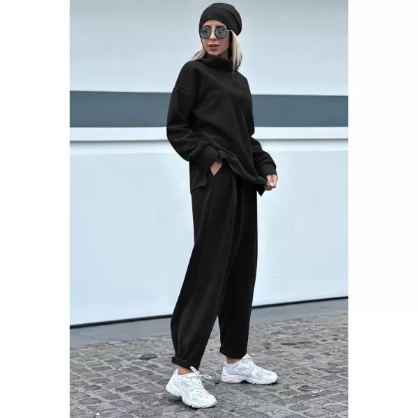 imagePRETTYGARDEN Womens 2023 Fall Two Piece Outfits Long Sleeve Tracksuit Set Turtleneck Pullover Tops Casual Pants SweatsuitsBlack