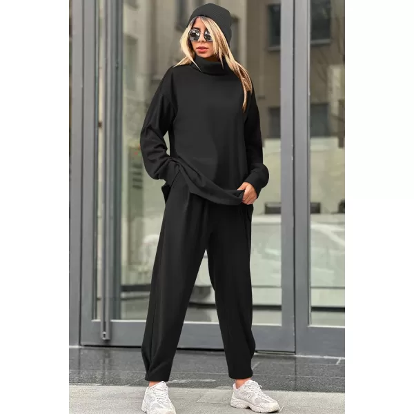 imagePRETTYGARDEN Womens 2023 Fall Two Piece Outfits Long Sleeve Tracksuit Set Turtleneck Pullover Tops Casual Pants SweatsuitsBlack