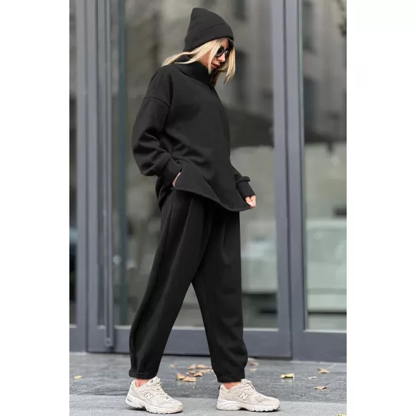 imagePRETTYGARDEN Womens 2023 Fall Two Piece Outfits Long Sleeve Tracksuit Set Turtleneck Pullover Tops Casual Pants SweatsuitsBlack