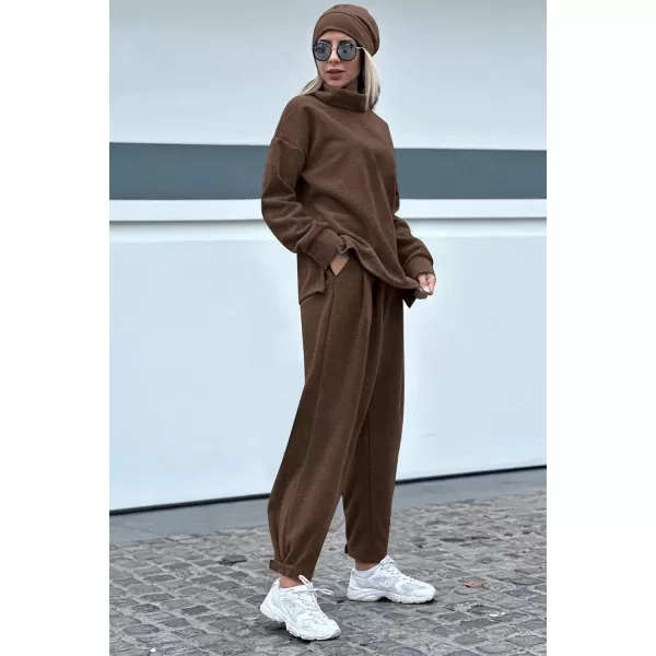 imagePRETTYGARDEN Womens 2023 Fall Two Piece Outfits Long Sleeve Tracksuit Set Turtleneck Pullover Tops Casual Pants SweatsuitsCoffee