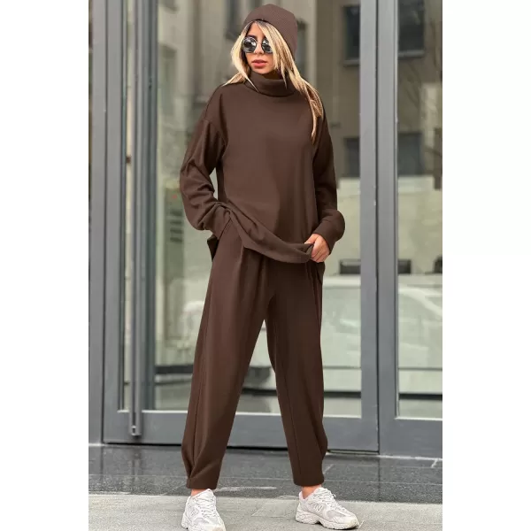 imagePRETTYGARDEN Womens 2023 Fall Two Piece Outfits Long Sleeve Tracksuit Set Turtleneck Pullover Tops Casual Pants SweatsuitsCoffee