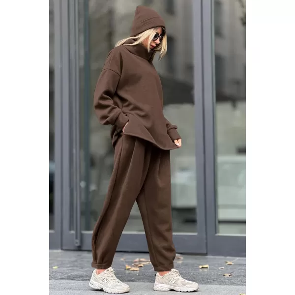 imagePRETTYGARDEN Womens 2023 Fall Two Piece Outfits Long Sleeve Tracksuit Set Turtleneck Pullover Tops Casual Pants SweatsuitsCoffee