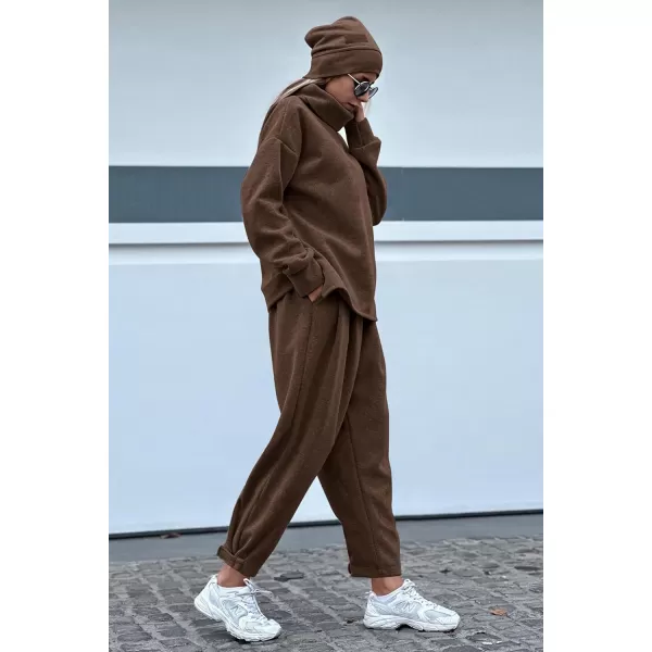 imagePRETTYGARDEN Womens 2023 Fall Two Piece Outfits Long Sleeve Tracksuit Set Turtleneck Pullover Tops Casual Pants SweatsuitsCoffee