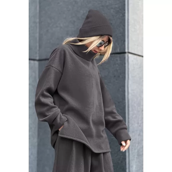 imagePRETTYGARDEN Womens 2023 Fall Two Piece Outfits Long Sleeve Tracksuit Set Turtleneck Pullover Tops Casual Pants SweatsuitsDark Grey