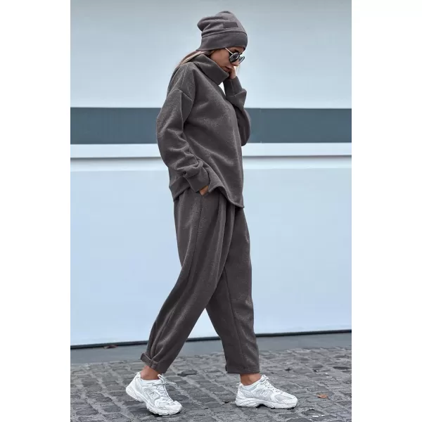 imagePRETTYGARDEN Womens 2023 Fall Two Piece Outfits Long Sleeve Tracksuit Set Turtleneck Pullover Tops Casual Pants SweatsuitsDark Grey