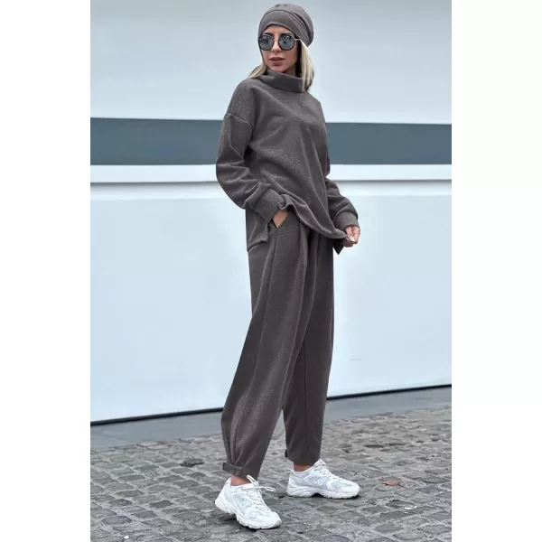 imagePRETTYGARDEN Womens 2023 Fall Two Piece Outfits Long Sleeve Tracksuit Set Turtleneck Pullover Tops Casual Pants SweatsuitsDark Grey