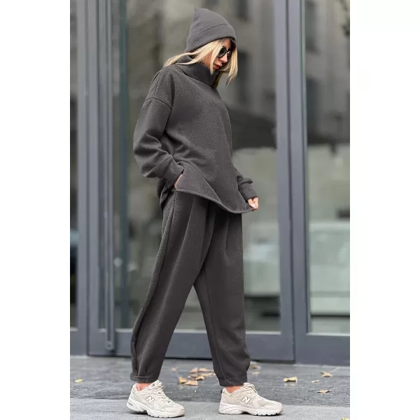 imagePRETTYGARDEN Womens 2023 Fall Two Piece Outfits Long Sleeve Tracksuit Set Turtleneck Pullover Tops Casual Pants SweatsuitsDark Grey