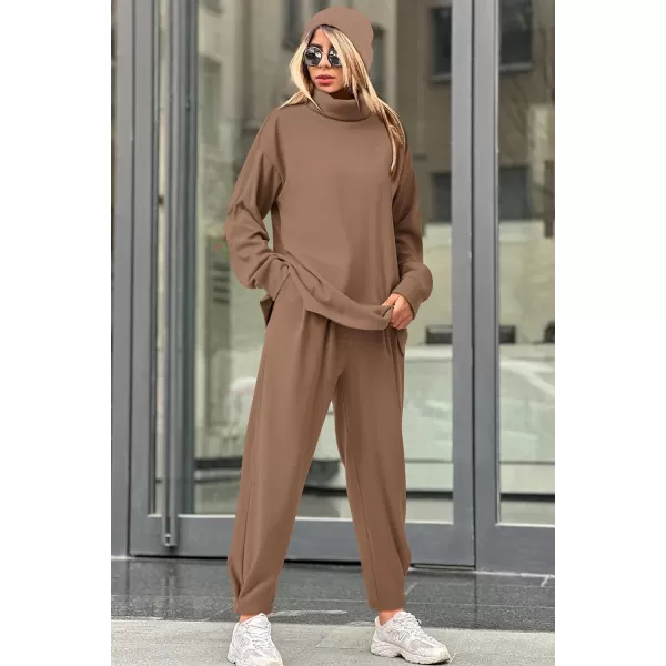 imagePRETTYGARDEN Womens 2023 Fall Two Piece Outfits Long Sleeve Tracksuit Set Turtleneck Pullover Tops Casual Pants SweatsuitsDark Khaki