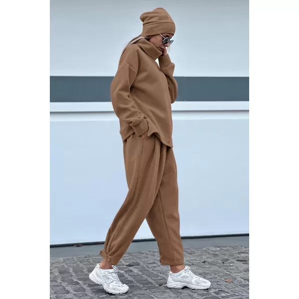imagePRETTYGARDEN Womens 2023 Fall Two Piece Outfits Long Sleeve Tracksuit Set Turtleneck Pullover Tops Casual Pants SweatsuitsDark Khaki