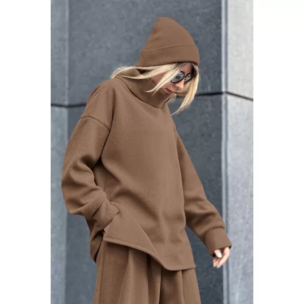 imagePRETTYGARDEN Womens 2023 Fall Two Piece Outfits Long Sleeve Tracksuit Set Turtleneck Pullover Tops Casual Pants SweatsuitsDark Khaki