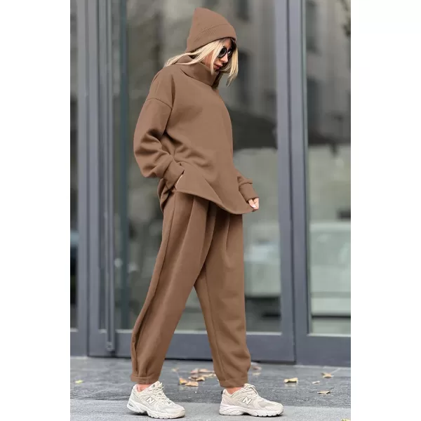 imagePRETTYGARDEN Womens 2023 Fall Two Piece Outfits Long Sleeve Tracksuit Set Turtleneck Pullover Tops Casual Pants SweatsuitsDark Khaki