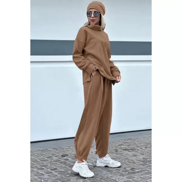 imagePRETTYGARDEN Womens 2023 Fall Two Piece Outfits Long Sleeve Tracksuit Set Turtleneck Pullover Tops Casual Pants SweatsuitsDark Khaki