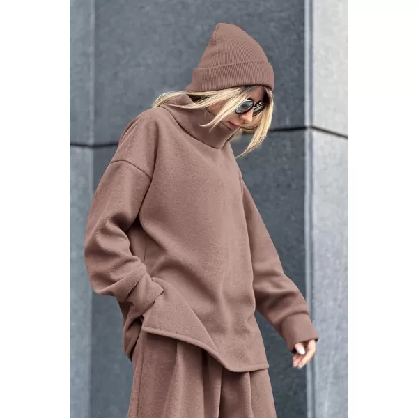 imagePRETTYGARDEN Womens 2023 Fall Two Piece Outfits Long Sleeve Tracksuit Set Turtleneck Pullover Tops Casual Pants SweatsuitsLight Brown