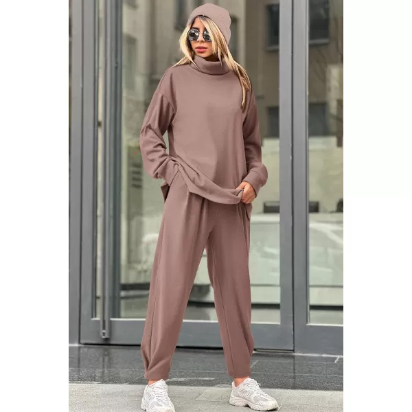 imagePRETTYGARDEN Womens 2023 Fall Two Piece Outfits Long Sleeve Tracksuit Set Turtleneck Pullover Tops Casual Pants SweatsuitsLight Brown