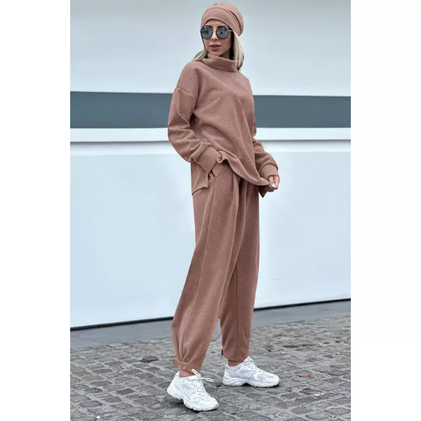 imagePRETTYGARDEN Womens 2023 Fall Two Piece Outfits Long Sleeve Tracksuit Set Turtleneck Pullover Tops Casual Pants SweatsuitsLight Brown