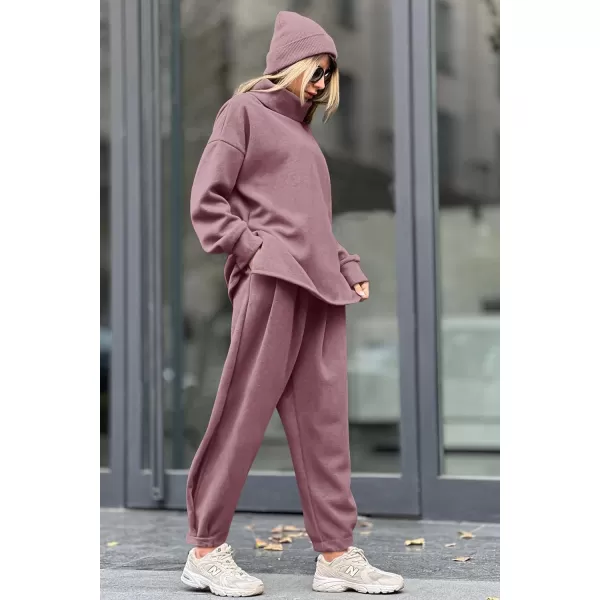 imagePRETTYGARDEN Womens 2023 Fall Two Piece Outfits Long Sleeve Tracksuit Set Turtleneck Pullover Tops Casual Pants SweatsuitsPurple Red