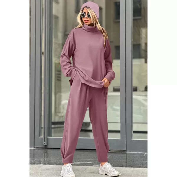 imagePRETTYGARDEN Womens 2023 Fall Two Piece Outfits Long Sleeve Tracksuit Set Turtleneck Pullover Tops Casual Pants SweatsuitsPurple Red