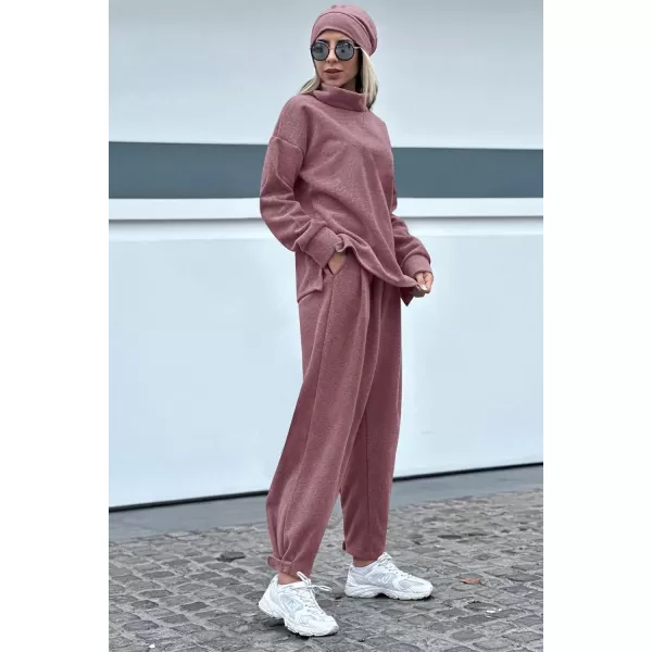 imagePRETTYGARDEN Womens 2023 Fall Two Piece Outfits Long Sleeve Tracksuit Set Turtleneck Pullover Tops Casual Pants SweatsuitsPurple Red