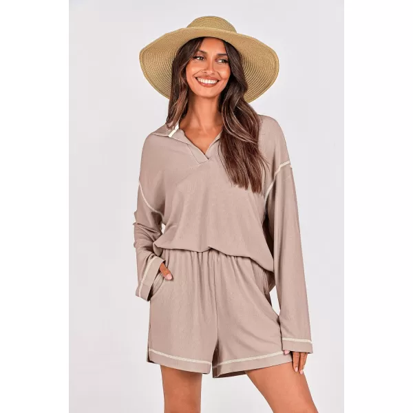 imagePRETTYGARDEN Womens 2023 Fall Two Piece Outfits Lounge Sets Tracksuit Long Sleeve Lapel Shirts Tops And Shorts With PocketsApricot
