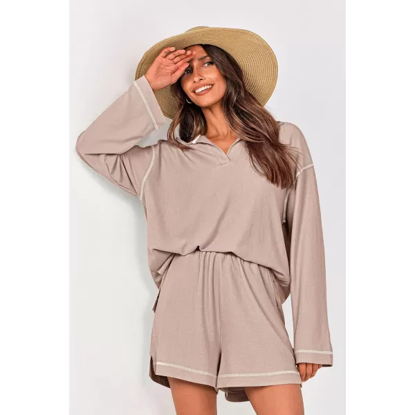 imagePRETTYGARDEN Womens 2023 Fall Two Piece Outfits Lounge Sets Tracksuit Long Sleeve Lapel Shirts Tops And Shorts With PocketsApricot