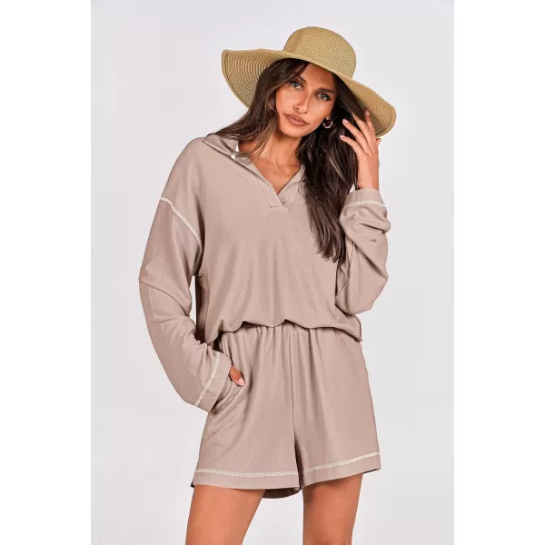 imagePRETTYGARDEN Womens 2023 Fall Two Piece Outfits Lounge Sets Tracksuit Long Sleeve Lapel Shirts Tops And Shorts With PocketsApricot