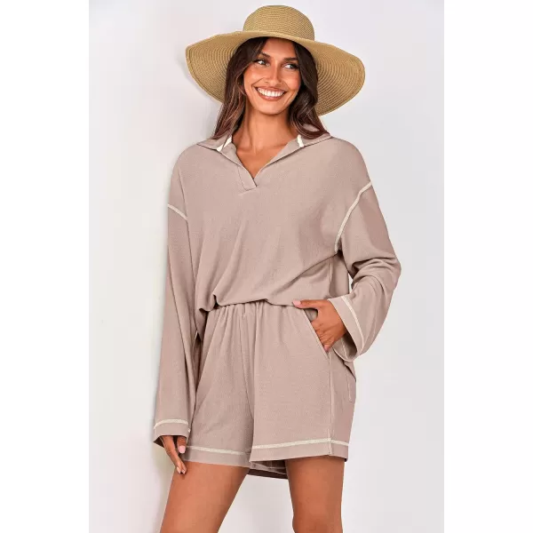 imagePRETTYGARDEN Womens 2023 Fall Two Piece Outfits Lounge Sets Tracksuit Long Sleeve Lapel Shirts Tops And Shorts With PocketsApricot