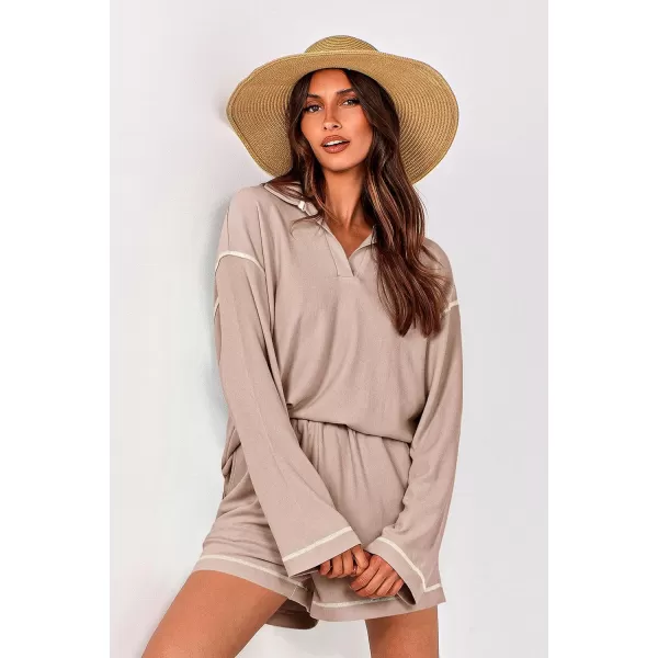 imagePRETTYGARDEN Womens 2023 Fall Two Piece Outfits Lounge Sets Tracksuit Long Sleeve Lapel Shirts Tops And Shorts With PocketsApricot
