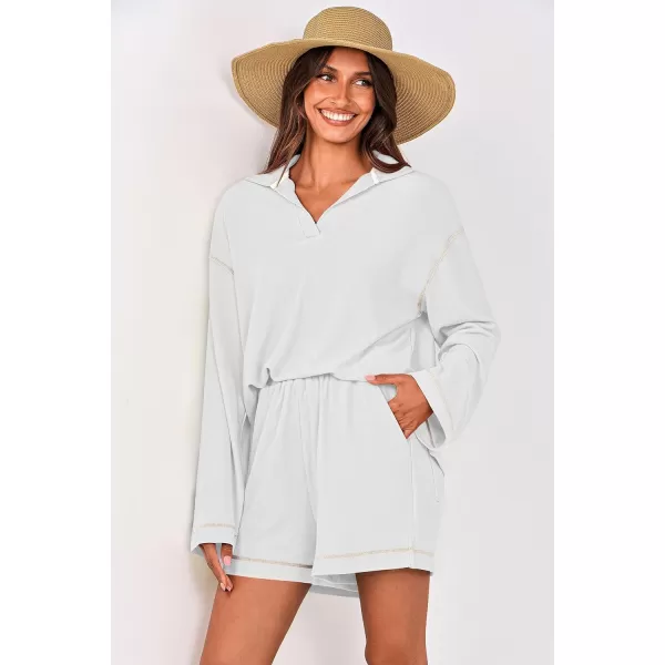 imagePRETTYGARDEN Womens 2023 Fall Two Piece Outfits Lounge Sets Tracksuit Long Sleeve Lapel Shirts Tops And Shorts With PocketsBeige White