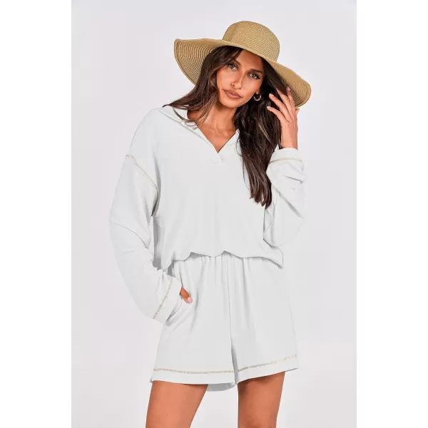 imagePRETTYGARDEN Womens 2023 Fall Two Piece Outfits Lounge Sets Tracksuit Long Sleeve Lapel Shirts Tops And Shorts With PocketsBeige White