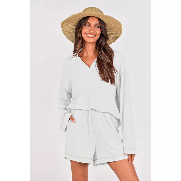 imagePRETTYGARDEN Womens 2023 Fall Two Piece Outfits Lounge Sets Tracksuit Long Sleeve Lapel Shirts Tops And Shorts With PocketsBeige White