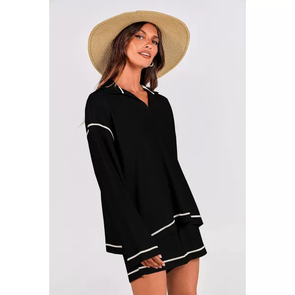 imagePRETTYGARDEN Womens 2023 Fall Two Piece Outfits Lounge Sets Tracksuit Long Sleeve Lapel Shirts Tops And Shorts With PocketsBlack