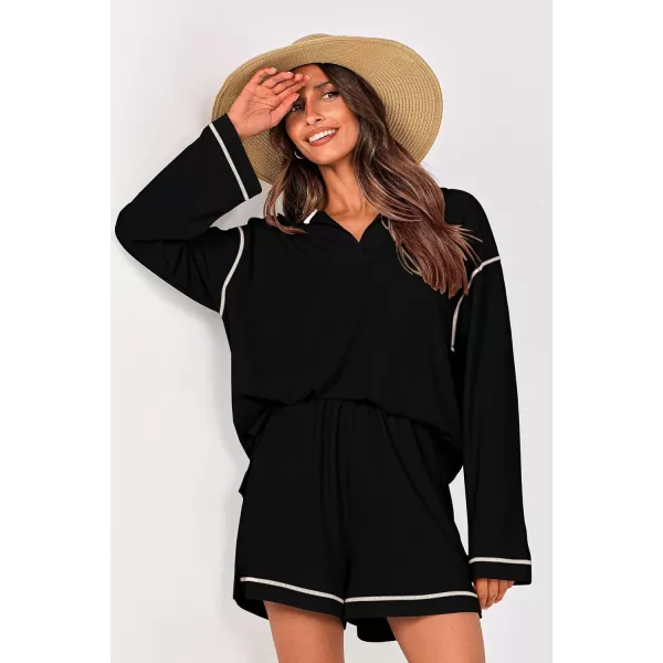 imagePRETTYGARDEN Womens 2023 Fall Two Piece Outfits Lounge Sets Tracksuit Long Sleeve Lapel Shirts Tops And Shorts With PocketsBlack