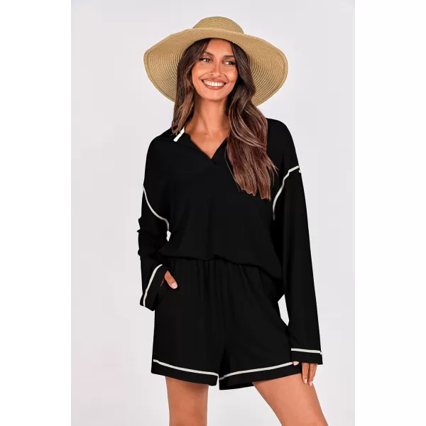 imagePRETTYGARDEN Womens 2023 Fall Two Piece Outfits Lounge Sets Tracksuit Long Sleeve Lapel Shirts Tops And Shorts With PocketsBlack