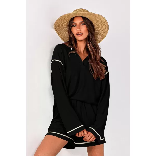 imagePRETTYGARDEN Womens 2023 Fall Two Piece Outfits Lounge Sets Tracksuit Long Sleeve Lapel Shirts Tops And Shorts With PocketsBlack