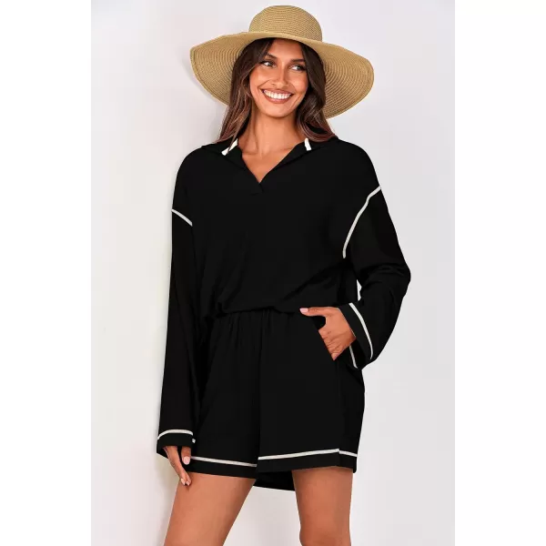 imagePRETTYGARDEN Womens 2023 Fall Two Piece Outfits Lounge Sets Tracksuit Long Sleeve Lapel Shirts Tops And Shorts With PocketsBlack