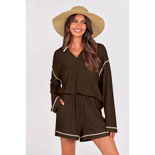 imagePRETTYGARDEN Womens 2023 Fall Two Piece Outfits Lounge Sets Tracksuit Long Sleeve Lapel Shirts Tops And Shorts With PocketsBrown