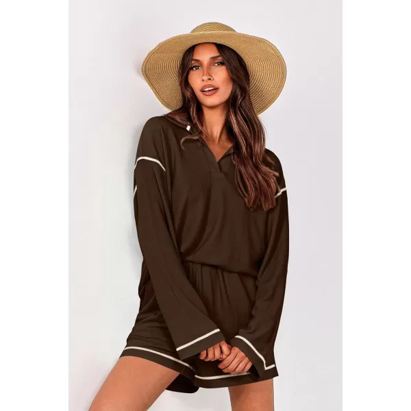 imagePRETTYGARDEN Womens 2023 Fall Two Piece Outfits Lounge Sets Tracksuit Long Sleeve Lapel Shirts Tops And Shorts With PocketsBrown