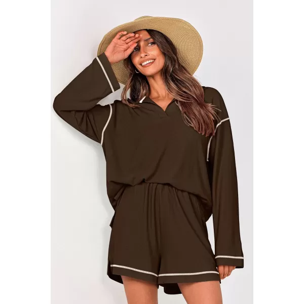 imagePRETTYGARDEN Womens 2023 Fall Two Piece Outfits Lounge Sets Tracksuit Long Sleeve Lapel Shirts Tops And Shorts With PocketsBrown