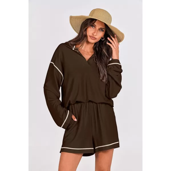 imagePRETTYGARDEN Womens 2023 Fall Two Piece Outfits Lounge Sets Tracksuit Long Sleeve Lapel Shirts Tops And Shorts With PocketsBrown