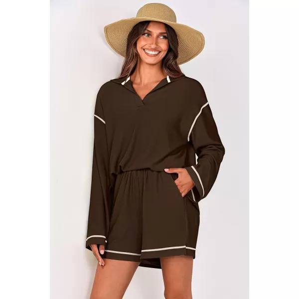 imagePRETTYGARDEN Womens 2023 Fall Two Piece Outfits Lounge Sets Tracksuit Long Sleeve Lapel Shirts Tops And Shorts With PocketsBrown