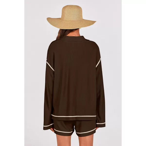 imagePRETTYGARDEN Womens 2023 Fall Two Piece Outfits Lounge Sets Tracksuit Long Sleeve Lapel Shirts Tops And Shorts With PocketsBrown