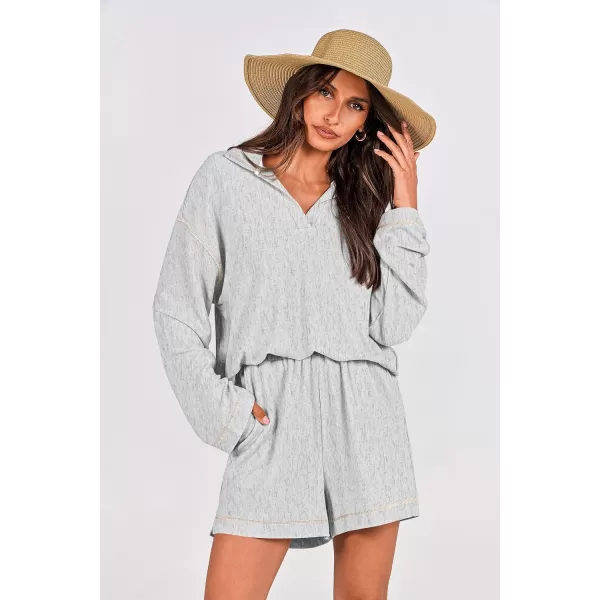 imagePRETTYGARDEN Womens 2023 Fall Two Piece Outfits Lounge Sets Tracksuit Long Sleeve Lapel Shirts Tops And Shorts With PocketsGrey