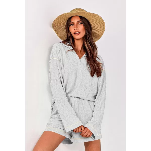 imagePRETTYGARDEN Womens 2023 Fall Two Piece Outfits Lounge Sets Tracksuit Long Sleeve Lapel Shirts Tops And Shorts With PocketsGrey